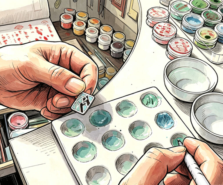 It showcases the process of hand-filling enamel colors and creating the scene within the studio.
